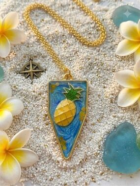 Gold Pineapple Pendant Necklace with Blue Enamel